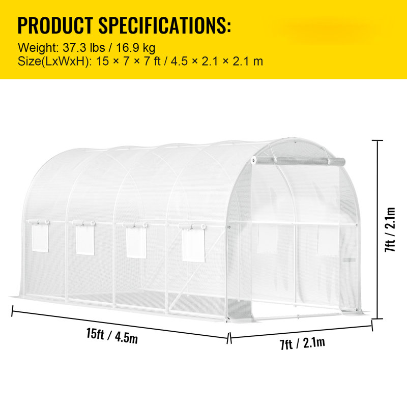 Serre tunnel de 4,57 m x 1,98 m x 2,13 m, 1 poutre supérieure, porte zippée et 8 fenêtres enroulables, serre portative pour plantes avec arceaux en acier galvanisé et poteaux diagonaux, blanche