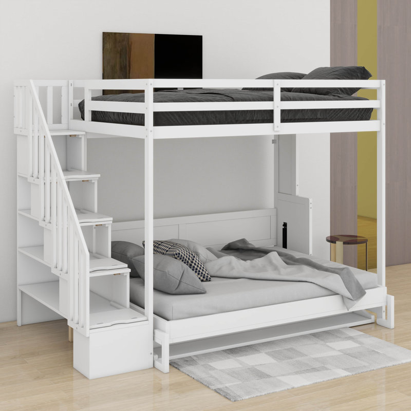 Lit escamotable double sur double avec lève-personne hydraulique et conception de bureau, Blanc