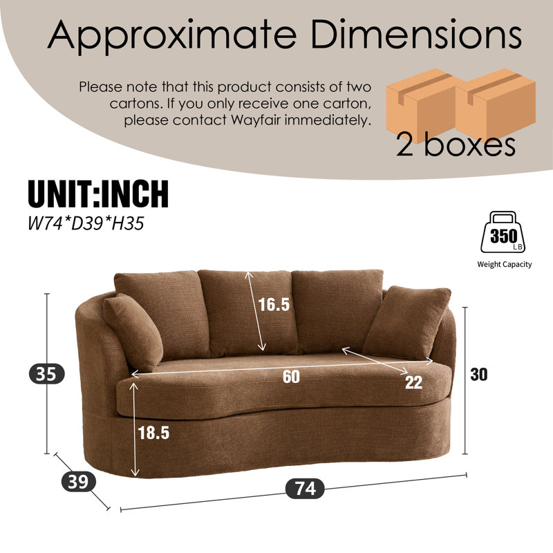 73.8" W Chenille Upholstered Slipcovered Curved Sofa, Brown