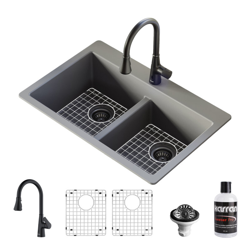 Karran Quartz 33'' X 22'' 50/50 Double Bowl Drop-in Kitchen Sink With Faucet, Matte Black