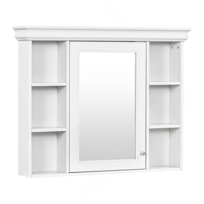 Armoire de rangement murale blanche 35 po x 28 po avec porte miroir, armoire de salle de bain moderne avec miroir, armoire à pharmacie avec 6 tablettes ouvertes