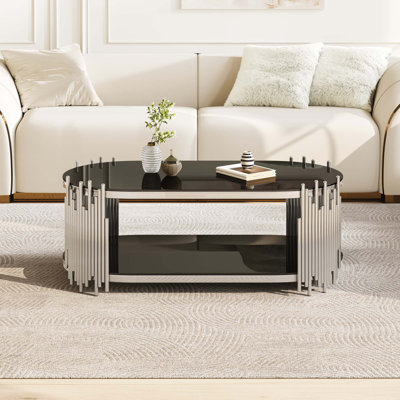 Table basse moderne ovale avec base en orgue artistique et rangement en verre à deux niveaux