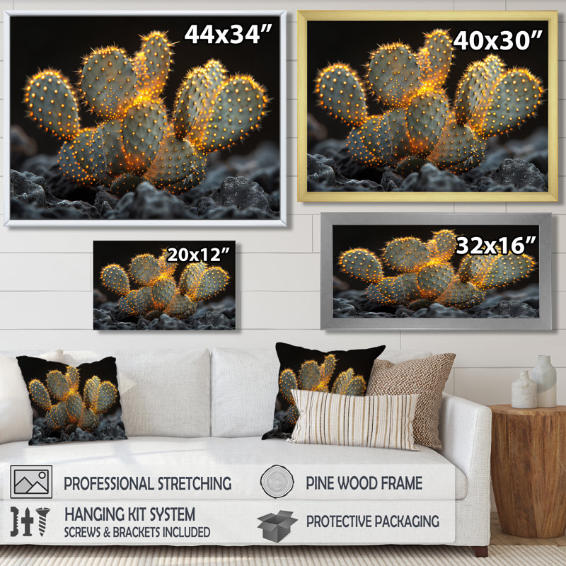 Cactus jaune, jaune, noir, coucher de soleil, H 12 po x l 20 po x P 1 po, Toile encadrée noire simple