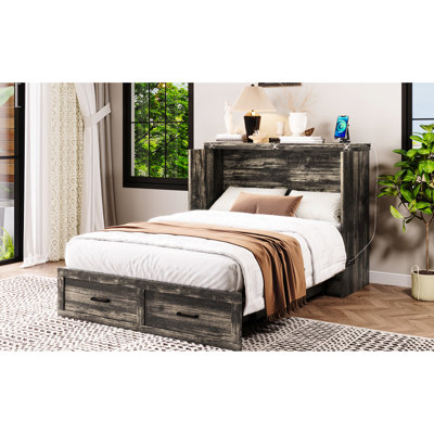 Armoire de lit double multifonctionnelle avec station de charge et tiroir de rangement, gris rustique, idéale pour économiser de l'espace dans les petites chambres