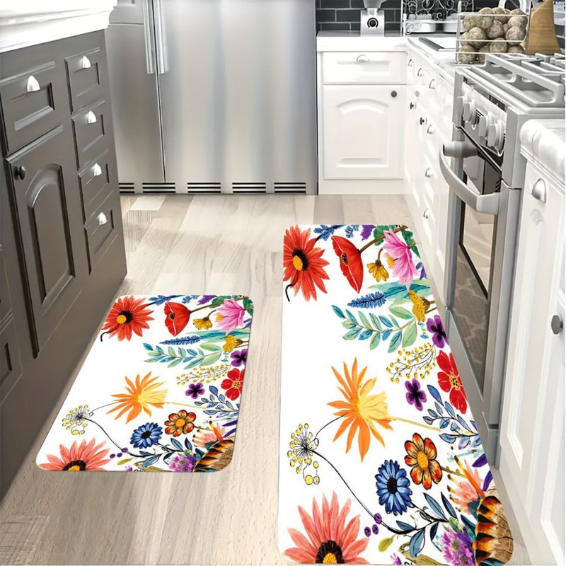 Vibrant Mixed Blooms, Kitchen Mats Set Of 2, Red Floral