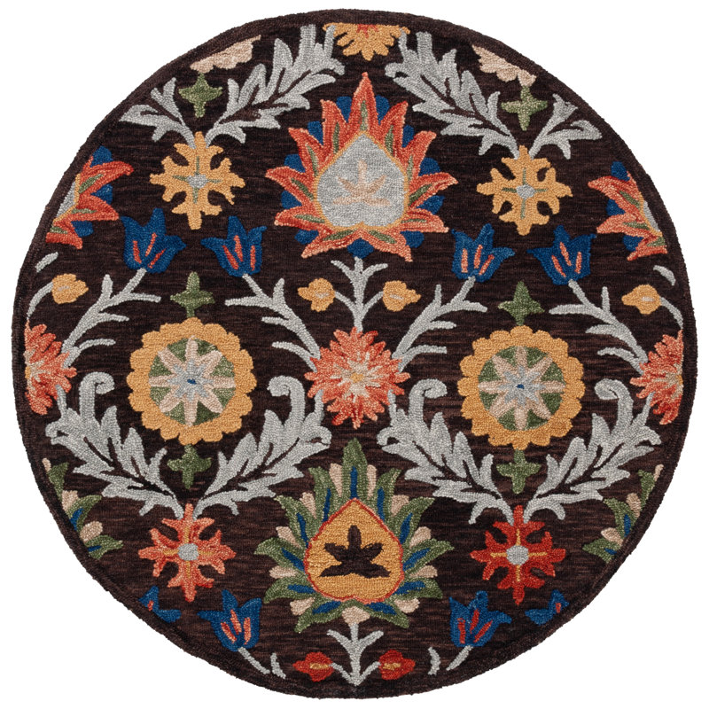 Soojin Wool Cotton Performance Floral Rug in Brown/Orange, Round 6'