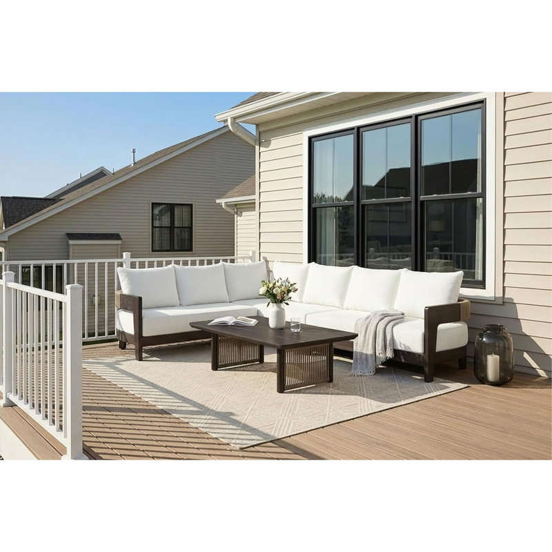  Patio Furniture Set 7 Pieces L-Shaped with Table and Loveseats Aluminum Sectional Sofa 7.87" Thick Removable Cushions & Pillows Outdoor Conversation Sets for Porch Yard Garden