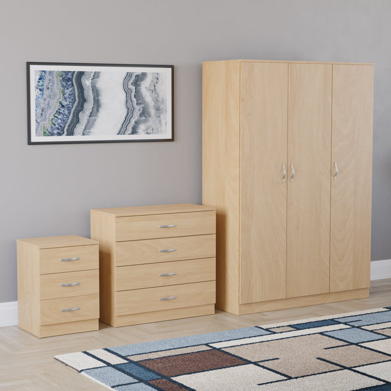 Maybery 3 Piece Bedroom Set (3 Drawer Bedside Chest, 4 Drawer Chest, 3 Door Wardrobe), (5), Pine