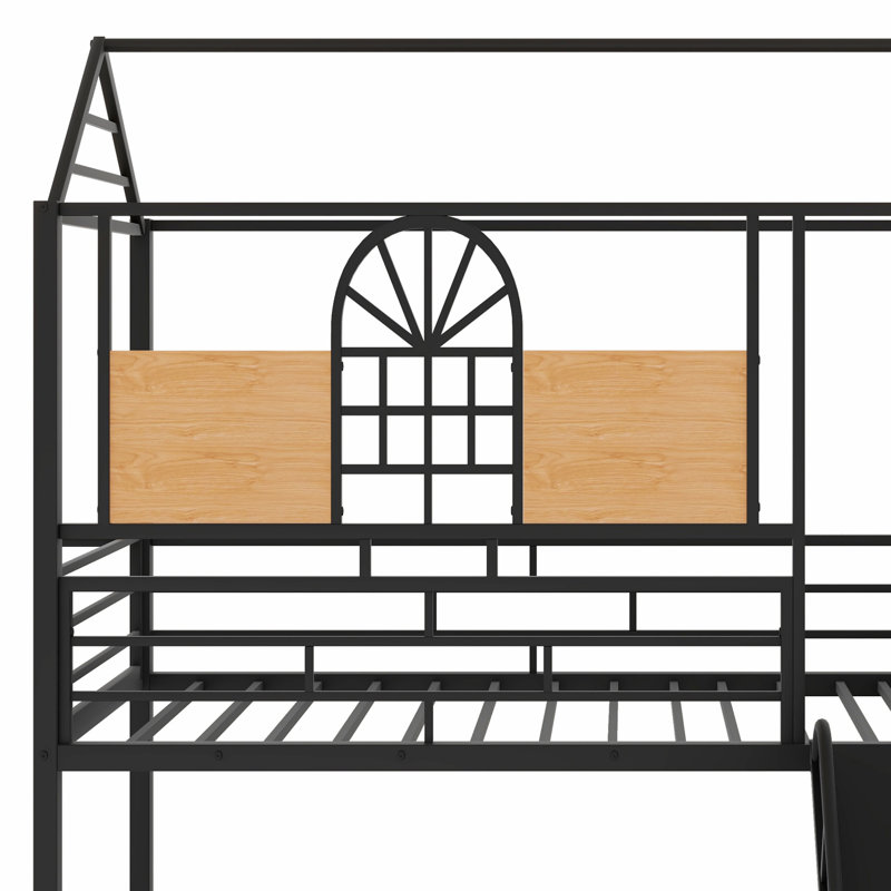 Metal House Bunk Bed With Slide And Storage Stair, Black