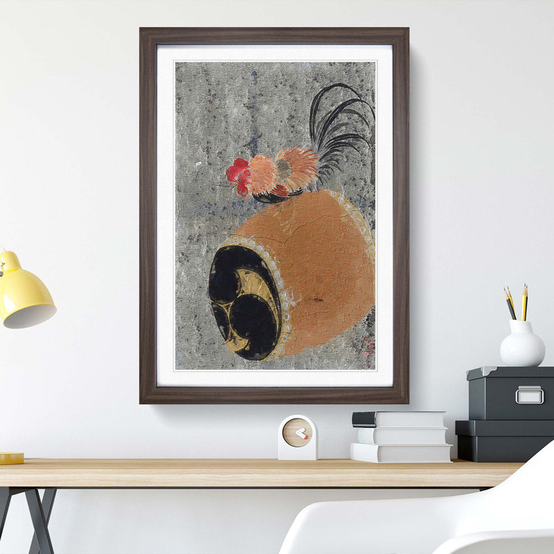 Cock on a Drum by Shibata Zeshin - Picture Frame Painting, Walnut Framed, 36cm H x 27cm W x 2cm D