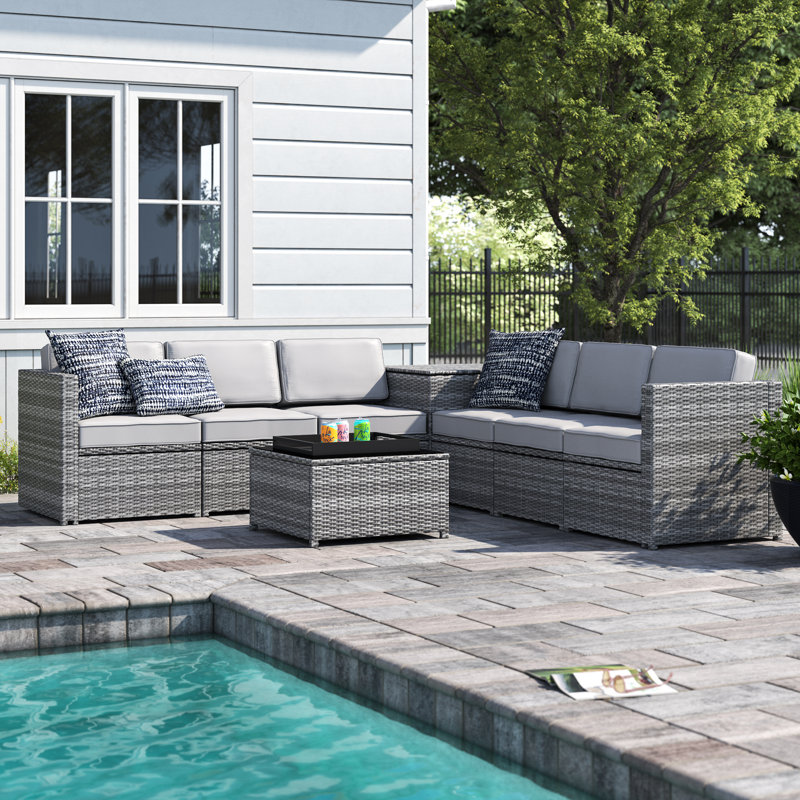 Ensemble de conversation modulaire en rotin avec coussins 8 pièces Burand, Gris clair
