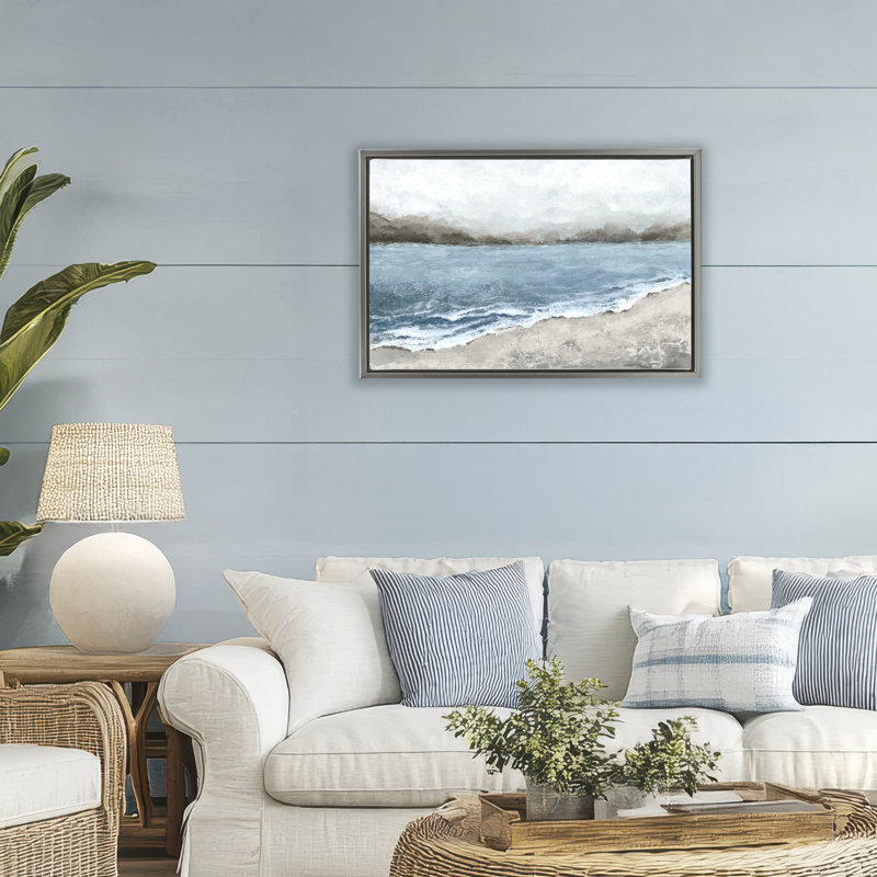 Cadre flottant Shoreline Serenity Beach, design par Hannah Dawson, Cadre flottant gris lustré, H 21 po x l 31 po