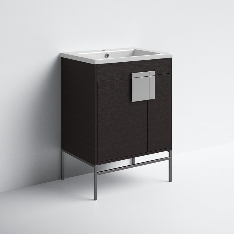 Maisie 24'' Single Bathroom Vanity with Solid Wood Top, Polished Chrome, Black Oak Straight Grain