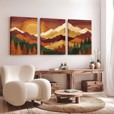 Paysage de montagne, motif de grain de bois, toile tendue sur toile, ensemble de 3 reproductions de peinture à l'huile pour salon