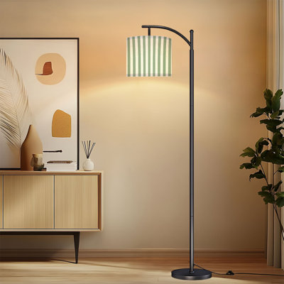 Arc Floor Lamp with Adjustable Lampshade Green White Stripes Design Standing Lamp 3 Color Temperatures Dimmable Tall Pole Lamp with Foot Switch for Bedroom
