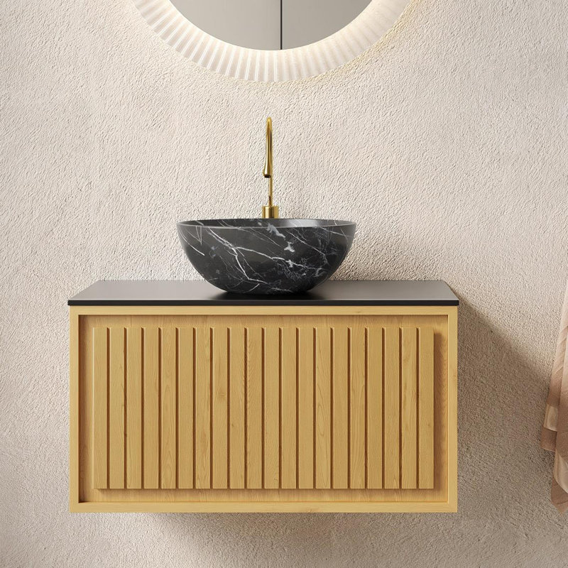 Meuble-lavabo mural en chêne clair de 30 pouces avec lavabo en pierre noire