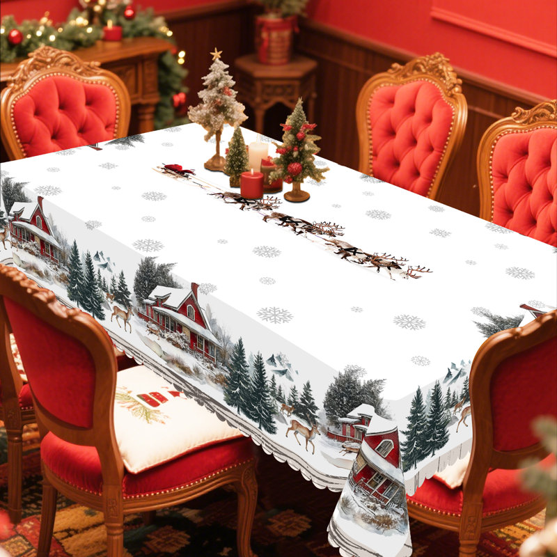 1pc Christmas Themed Print Tablecloth, Round/Rectangular Table Cloth, Mantel Para Mesa De Comedor, Xmas Decor, Holiday Party Indoor Dining Decor, Round Rectangle Christmas Table Cover, Festive Home Kitchen Accessory Gifts, Several Sizes Available