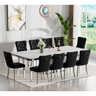 Faux Marble Dining Table Set, 62.99"-94.5" Extendable Dining Table & Black Tufted Velvet Chairs, Modern Mirrored Kitchen Dining Room Table and Chairs Set