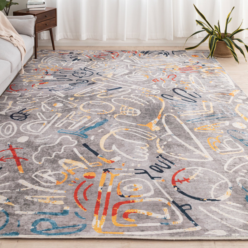 Sportsglyphs Grey Tones Baseball Power Loom Polyester Area Rug, Square 8'
