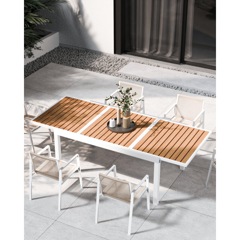 7-piece Expandable Outdoor Dining Set With Aluminum Frame And Wood-look Tabletop, Extendable Patio Table With 6 Chairs For Garden, Backyard, Or Porch, White
