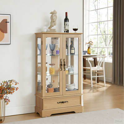 Vitrine lumineuse en verre avec tablettes réglables - 2 portes, 1 tiroir, lumières DEL, finition chêne clair élégant