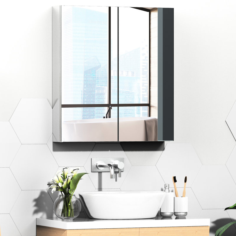 Armoire murale argentée en acier inoxydable pour salle de bain 24 po x 26 po - Double porte en miroir pour économiser de l'espace et rouiller