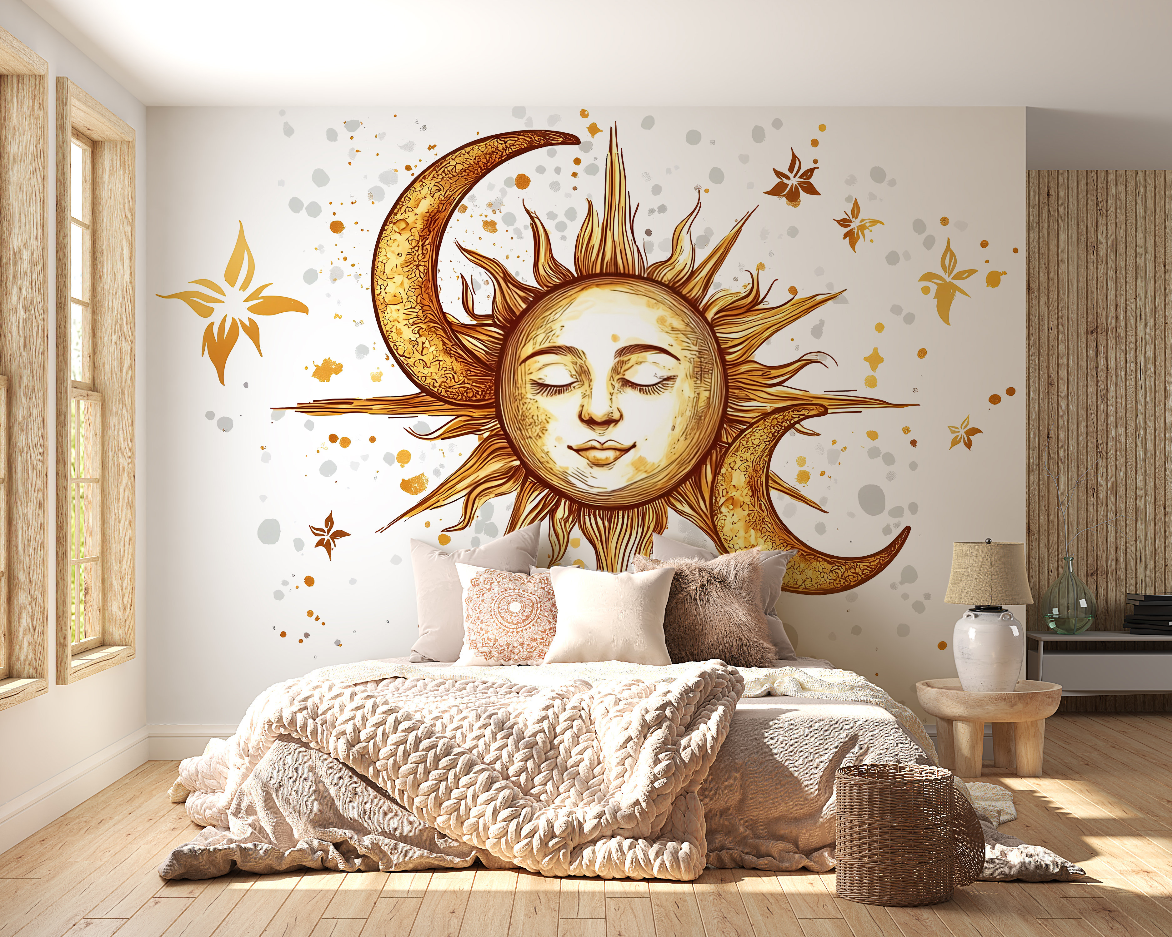 Trinx Celestial Sun And Moon Wall Mural – Boho Gold Above Bed Bedroom ...