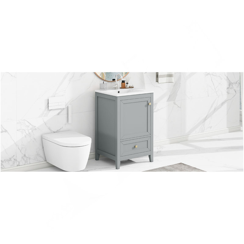 Meuble-lavabo de 20 po avec lavabo, armoire de salle de bain avec porte à fermeture douce, support de rangement et tiroir, gris