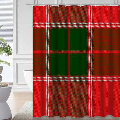 Christmas Tartan Plaid Red Green White Shower Curtain with 12 Hooks