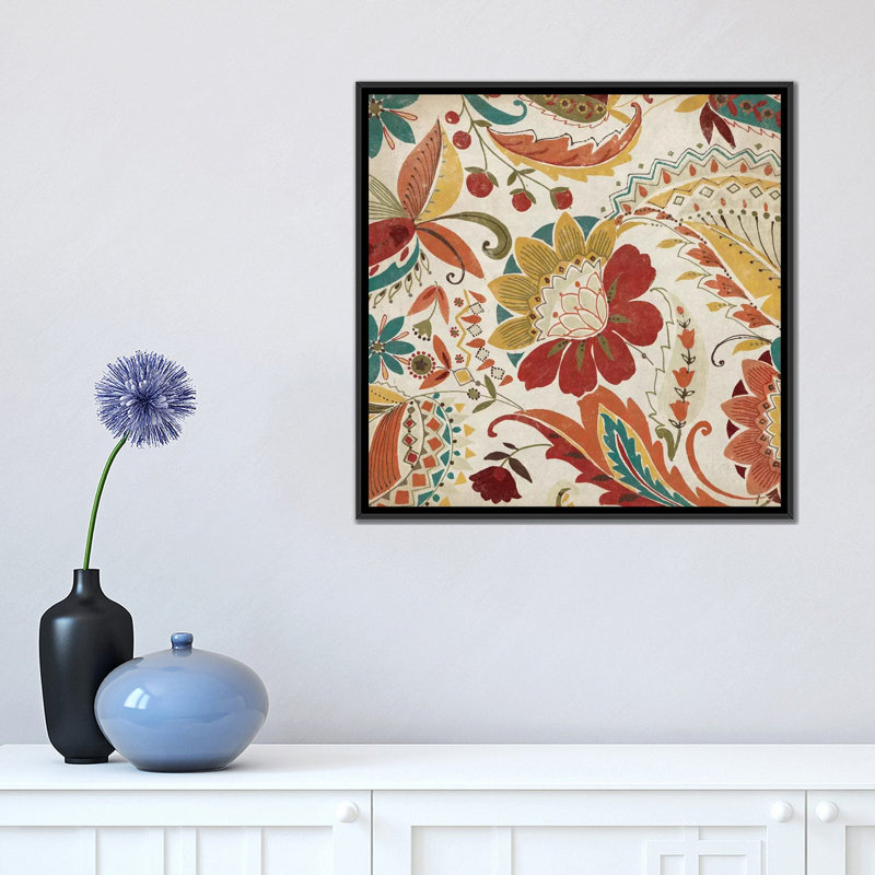 Boho Paisley Spice II, impression sur toile tendue, H 18 po x l 18 po x P 1,5 po, Toile avec cadre noir, Pas de tapis