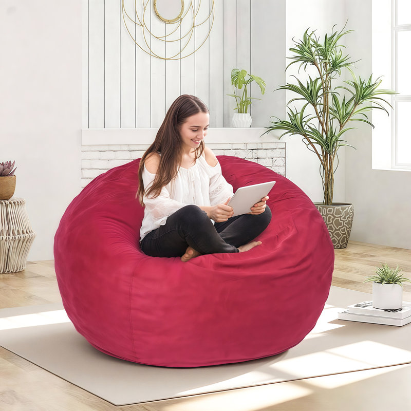 Très grand fauteuil à billes pour adultes - Méridienne géante de 5 pi, housse amovible protégée par la jeunesse et fermeture à glissière verrouillable, canapé rond en faux suède pour le salon, la chambre à coucher et les jeux, vin rouge
