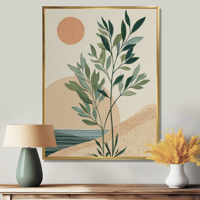 Terre, tons de fougères minimalisme, impression sur toile, art mural botanique vert, H 20 po x l 12 po, Cadre flottant, Doré