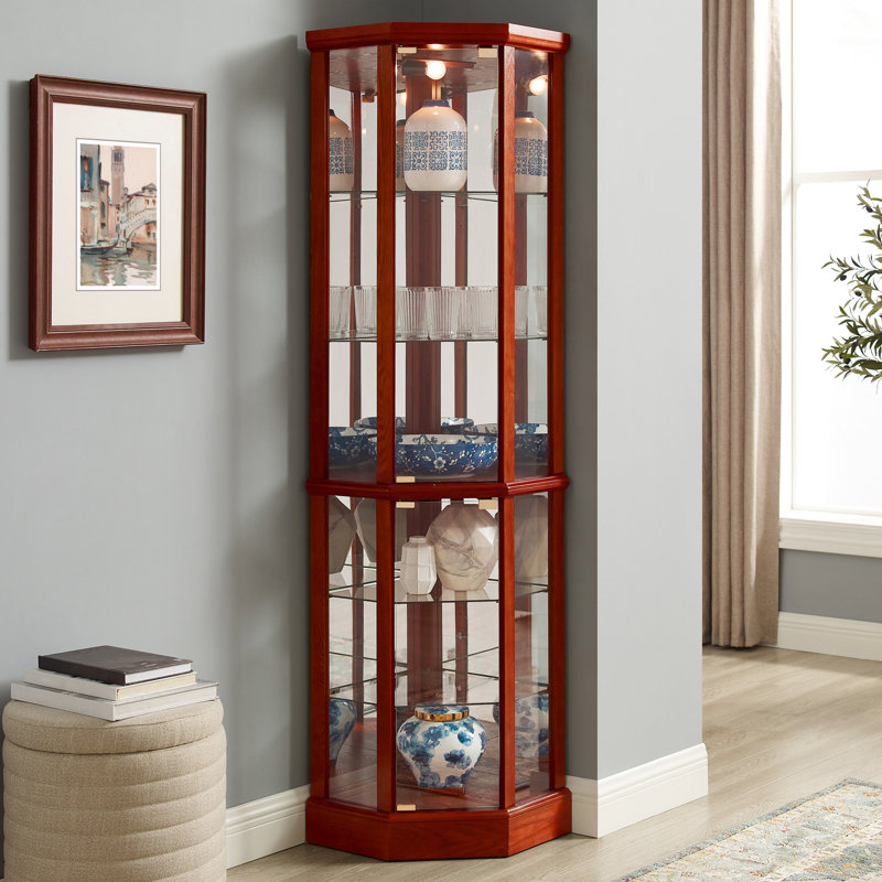 Vitrine à 6 tablettes à miroir avec 6 tablettes en verre de couleur cerise et miroir, Cerisier