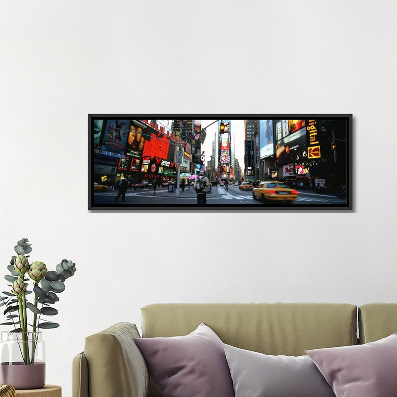 " Traffic On A Road, Times Square, New York City, New York, USA " by Panoramic Images, 12" H x 36" W x 1.5" D, Black Framed