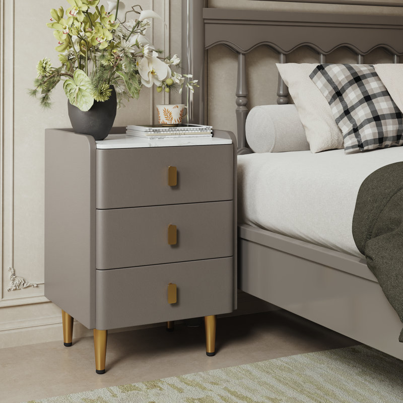 Agripina Narrow Nightstand with Drawers, Small Side Table with Leather Surface for Bedroom and Living Room, Gray, 15.7" W