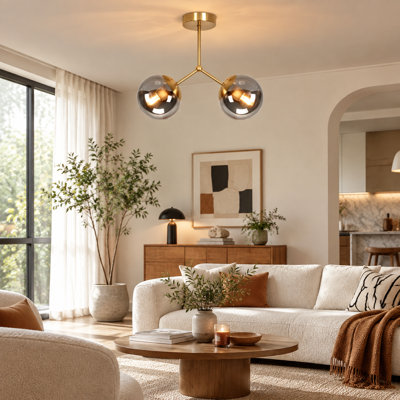 2-Light Smoked Glass Globe Semi Flush Mount — Gold Metal Sputnik Ceiling Light for Living Room & Bedroom