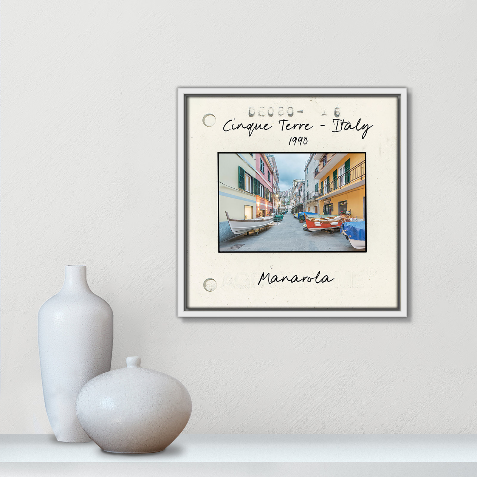 Travel Slide Collection "Cinque Terre - Manarola" Print, 13.5" H x 13.5" W x 2" D, White Floater Framed Canvas