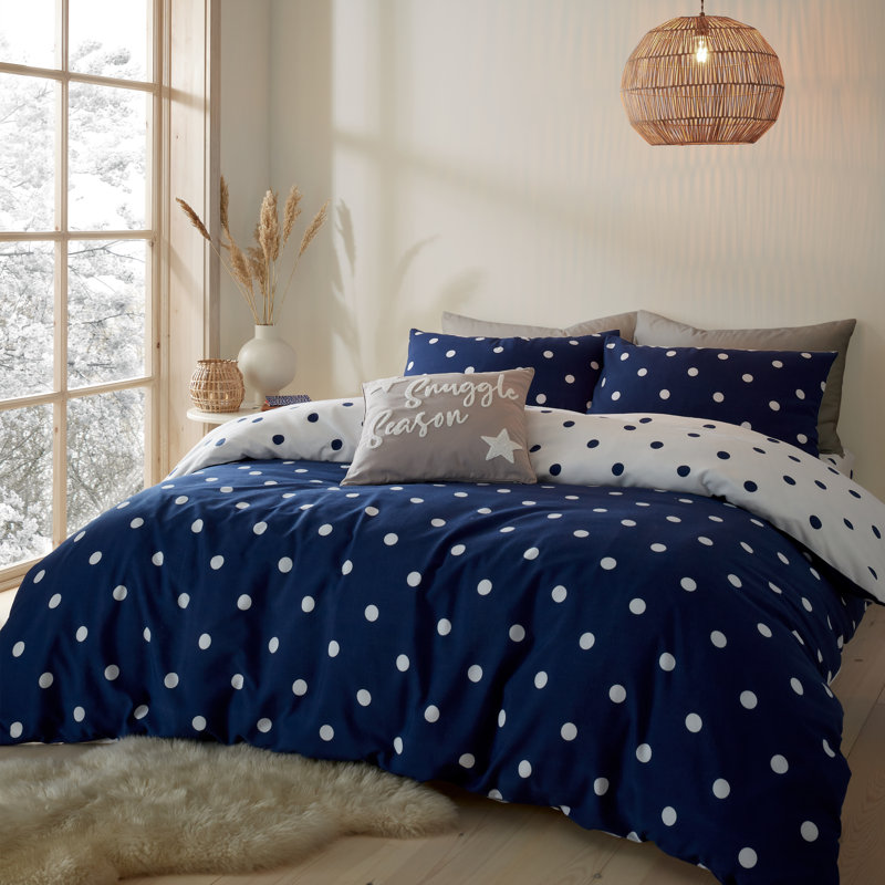 Brushed Polkadot Spot Soft and Cosy Reversible Duvet Cover Set with Pillowcases, Double - 2 Standard Pillowcases, Navy