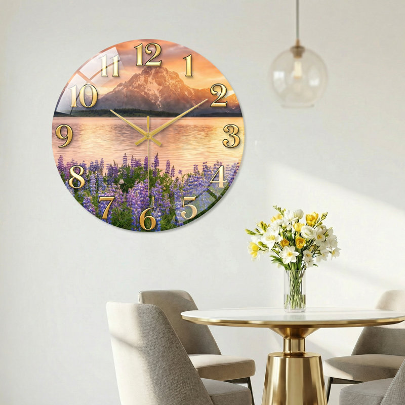 "Mountain Lake", horloge murale en verre, 60 x 60 cm (23,6 x 23,6 pouces)
