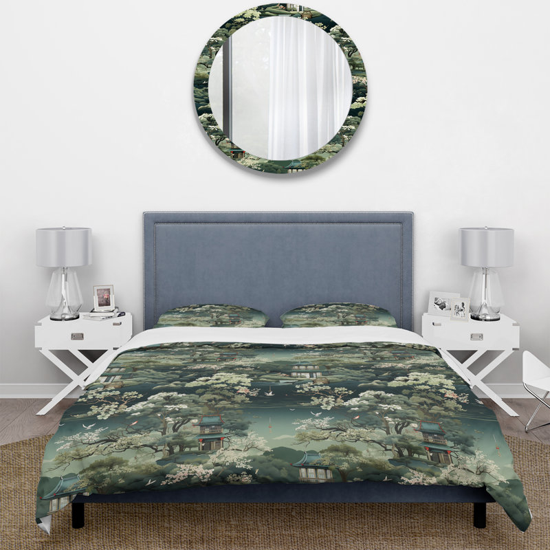 Tea House Elegance I Polyester Floral Duvet Cover Set, Queen Duvet Cover + 2 Standard Shams