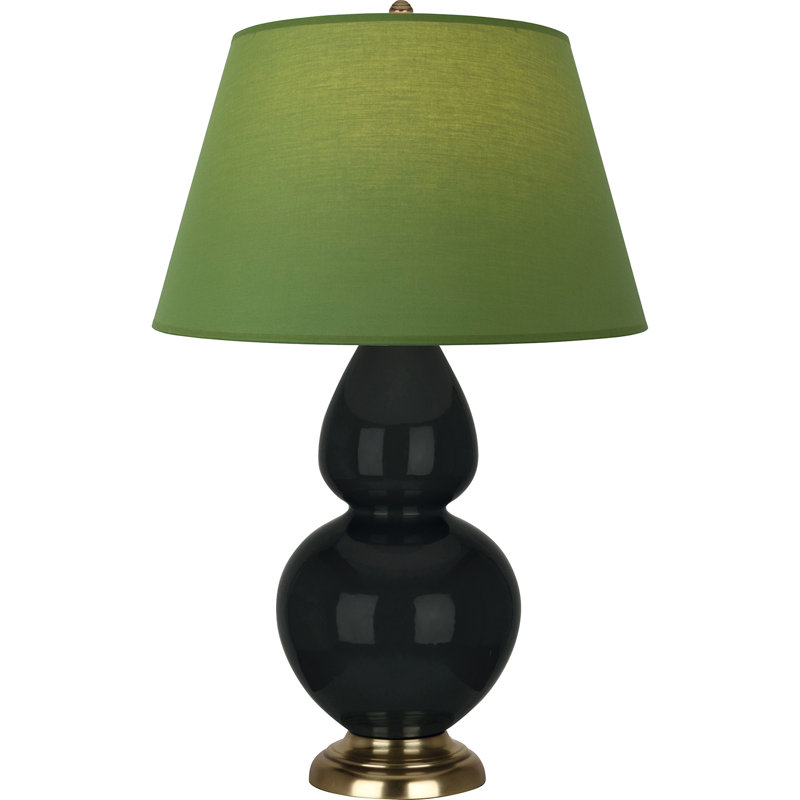 Lampe de table double gourde en céramique, Obsidienne vernie / laiton, Thé vert / taupe, Laiton
