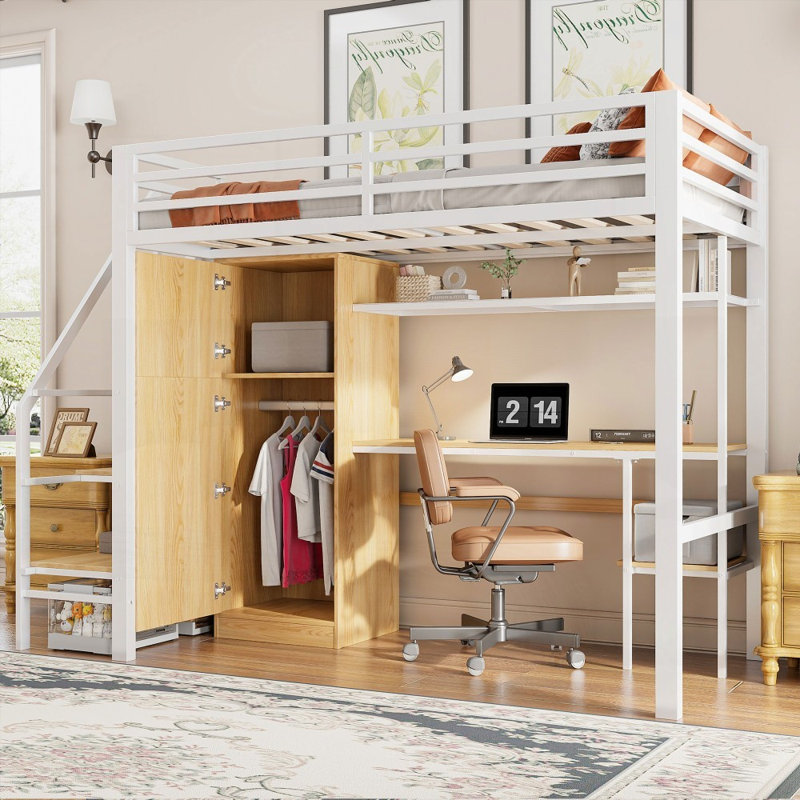Lit mezzanine simple en métal avec bureau, tablette, armoire et amp; Escalier de rangement - Aucun sommier requis, robuste Durable