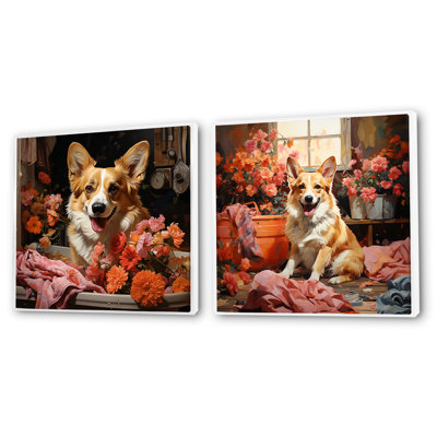 Cheeky Flower Corgi Cleanup - animaux, ensemble de 2 collages carrés