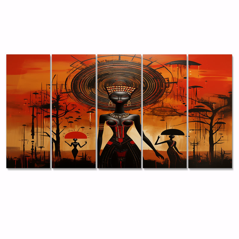 Pleine lune déesse, paysage abstrait minimal - art africain, art mural 5 pièces, H 28 po x l 60 po