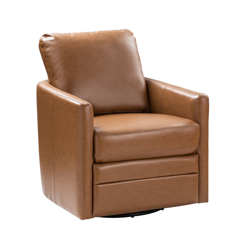 Alfonso Faux Leather Swivel Accent Chair with Removable Cushion, Camel Vegan Leather