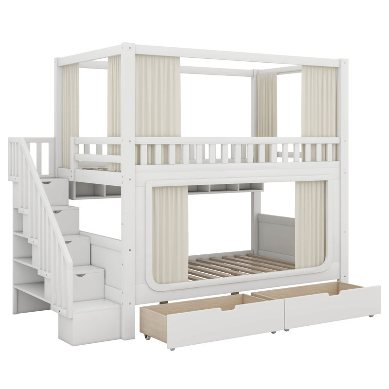 Full Over Full Bunk Bed With Privacy Curtains, Under Bed LED Lights, Storage Stairs And Drawers