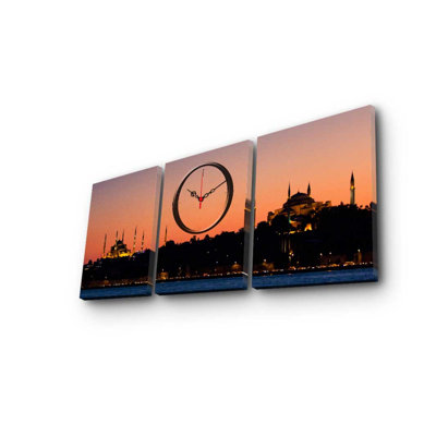 Ensemble de 3 horloges murales élégantes en toile décorative, toile suède, taille totale: 35,4 x 15,0 pouces | 100% cadre en bois, épaisseur: 1,2 po | Parfait pour la décoration intérieure, l'esthétique moderne et l'heure unique