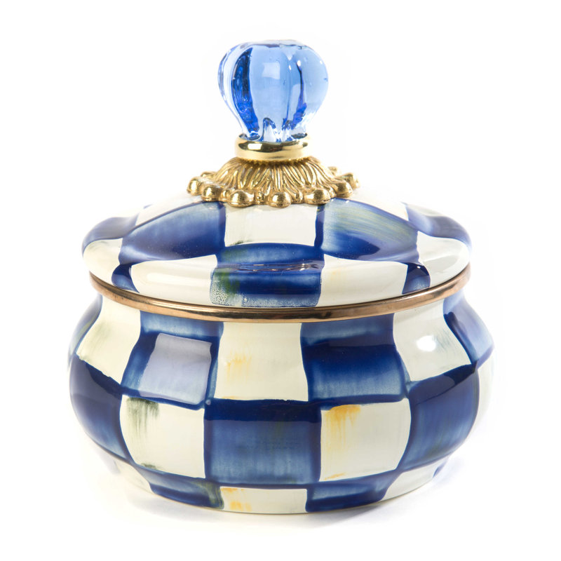 Royal Blue Check Enamel Squashed Pot with Glass Knob, 20 oz