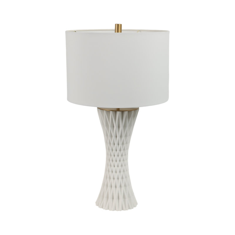 Stoneware & Porcelain Table Lamp With Textured Base And Fabric Drum Shade - 26" Tall, White & Gold Modern Accent Lighting For Home & Office