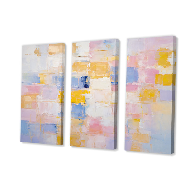 3 pièces intemporelles en rose pastel, jaune et bleu I, H 28 po x l 36 po x P 1 po